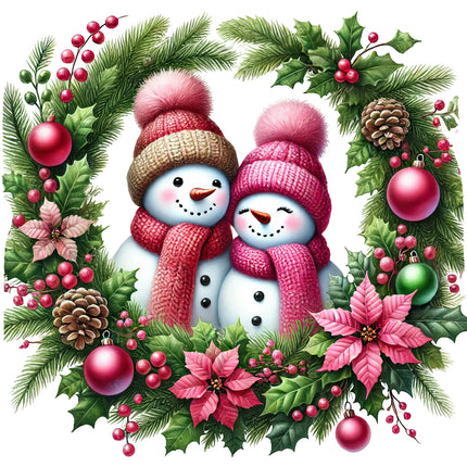 A fabric panel featuring two smiling snowmen with pink scarves and hats, surrounded by Christmas decorations such as green foliage, red berries, and ornaments.