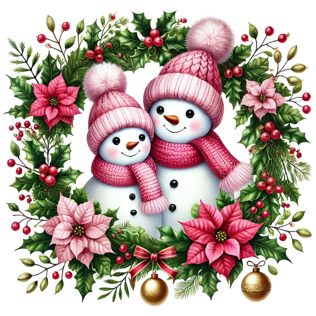 A fabric panel featuring two smiling snowmen with pink hats and scarves, set within a festive wreath of green leaves, red berries, and pink flowers.