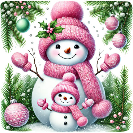 A fabric panel featuring a smiling snowman wearing a pink hat and scarf, with a smaller snowman in its arms, surrounded by festive decorations like pine branches, snowflakes, and ornaments.