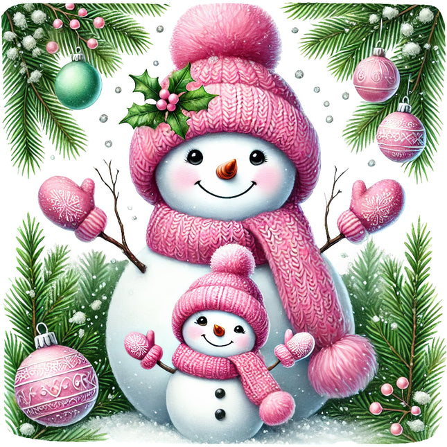 A fabric panel featuring a smiling snowman wearing a pink hat and scarf, with a smaller snowman in its arms, surrounded by festive decorations like pine branches, snowflakes, and ornaments.