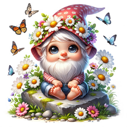 A digitally printed 100% cotton fabric panel featuring a cute gnome sitting on a rock surrounded by colorful flowers and butterflies.
