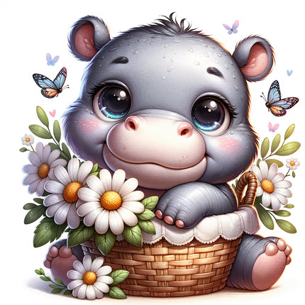 A digitally printed fabric panel featuring a cute hippo with flowers and butterflies.
