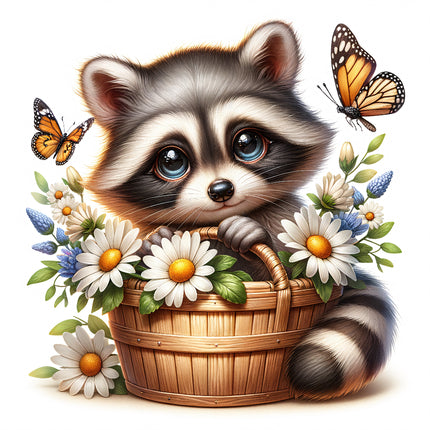 A digital image of a raccoon sitting in a basket surrounded by floral design, including butterflies and various flowers.
