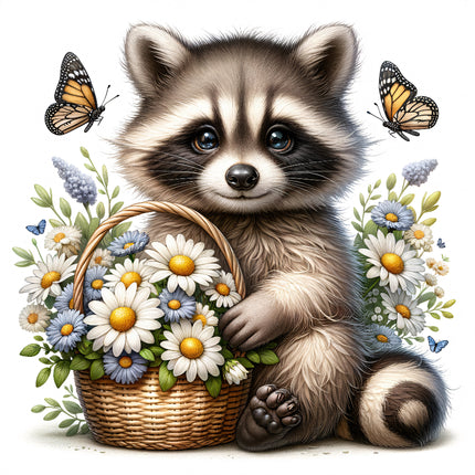 A digital print of a raccoon holding a basket of flowers with butterflies around it, on a white background.