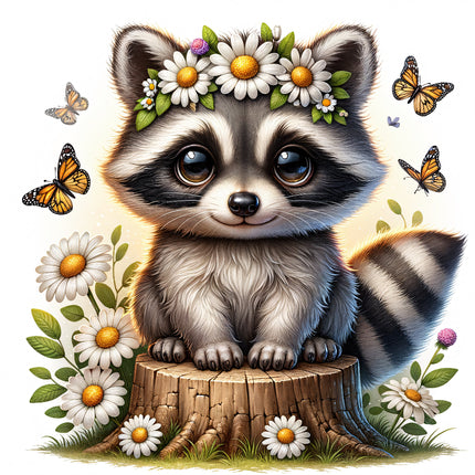 A digitally printed 100% cotton fabric panel featuring a cute raccoon sitting on a stump surrounded by flowers and butterflies.