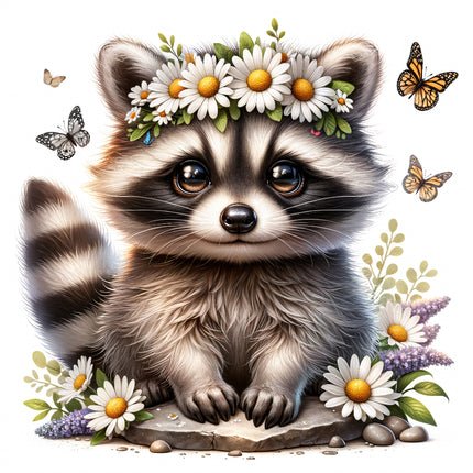 A digitally printed 100% cotton fabric panel featuring a cute raccoon