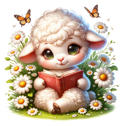 A digitally printed fabric panel featuring a cute sheep sitting and reading a book, surrounded by white and yellow flowers with butterflies in the background.