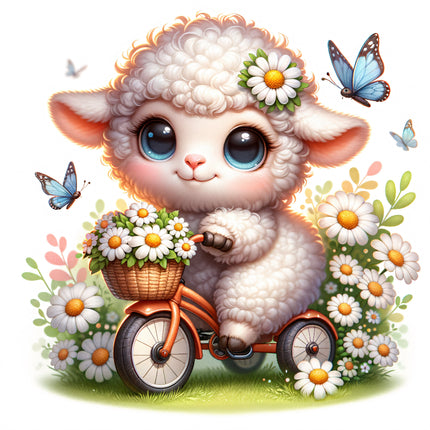 A digitally printed fabric panel featuring a cute sheep with a basket of daisies, riding a bicycle, surrounded by flowers and butterflies.