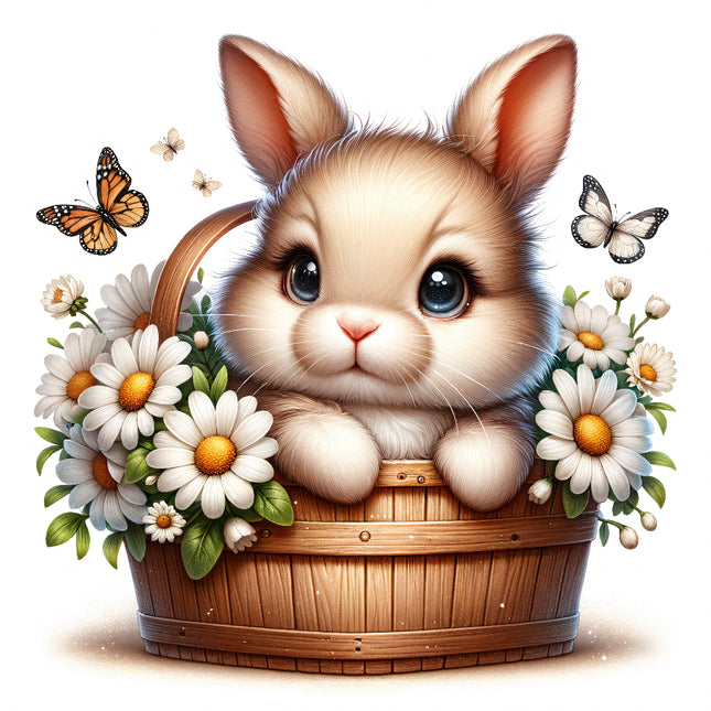 A fabric panel block featuring a cute bunny sitting in a basket with daisy flowers and butterflies.