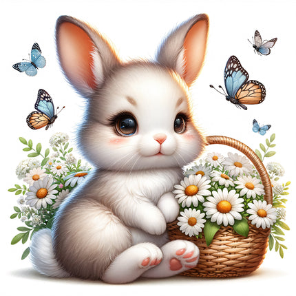 A digitally printed fabric panel featuring a cute bunny rabbit with a basket of daisies, surrounded by butterflies.