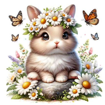 A cute fabric panel featuring a floral bunny rabbit with daisies and butterflies.