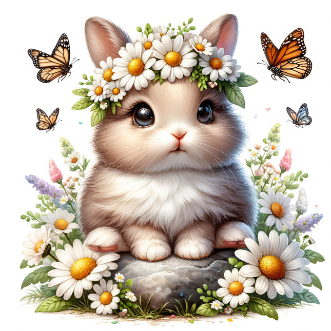 A cute fabric panel featuring a floral bunny rabbit with daisies and butterflies.