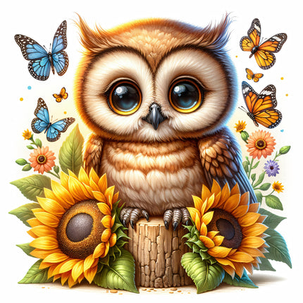 A digitally printed fabric panel featuring an owl sitting on a stump surrounded by sunflowers and butterflies.