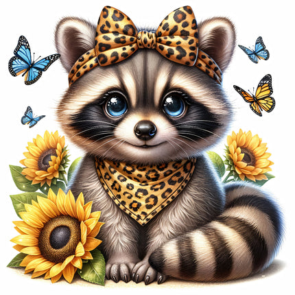 A digitally printed fabric panel featuring a cute raccoon wearing a bow with a leopard-like pattern, surrounded by sunflowers and butterflies.