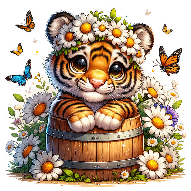 A fabric panel featuring a cute tiger cub with a crown of daisies, sitting in a wooden barrel, surrounded by a floral design with butterflies.