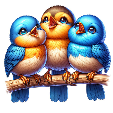 A digitally printed fabric panel featuring three colorful birds sitting on a branch.