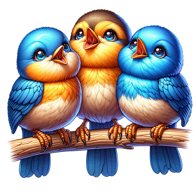 A digitally printed fabric panel featuring three colorful birds sitting on a branch.