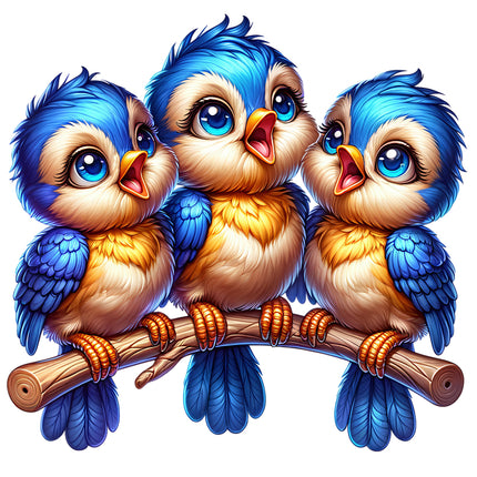 A digitally printed fabric panel featuring three colorful birds sitting on a branch.