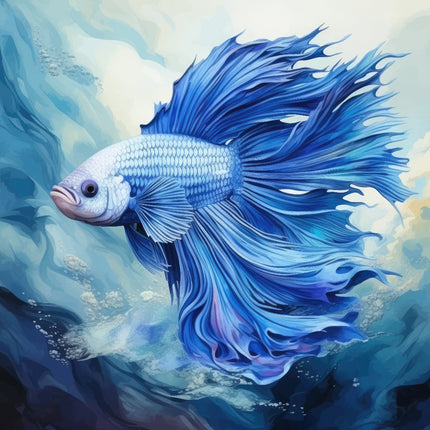 A digitally printed 100% cotton fabric panel featuring a blue Betta fish with a long, flowing tail in an aquatic setting.
