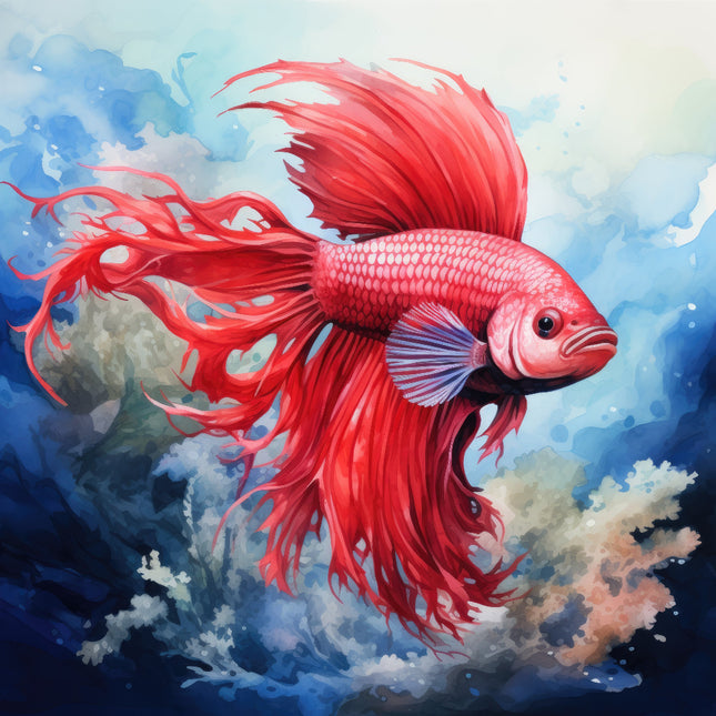 A digitally printed 100% cotton fabric panel featuring a vibrant red Betta fish with a long, flowing tail in an aquatic setting.