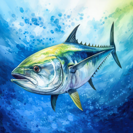 A digitally printed 100% cotton fabric panel featuring a realistic tuna fish in blue and green colors on a blue background.