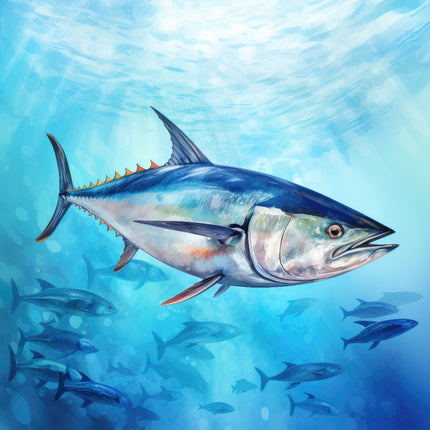 A digitally printed 100% cotton fabric panel featuring a block design with a realistic tuna fish in blue water.