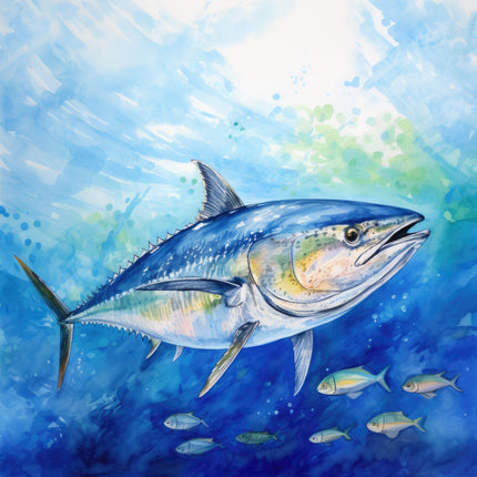 A digitally printed 100% cotton fabric panel featuring a large tuna fish with smaller fish in the background, all in a blue aquatic setting.