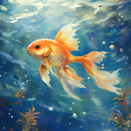 A digitally printed 100% cotton fabric panel featuring a single goldfish swimming in water with bubbles and plants in the background.