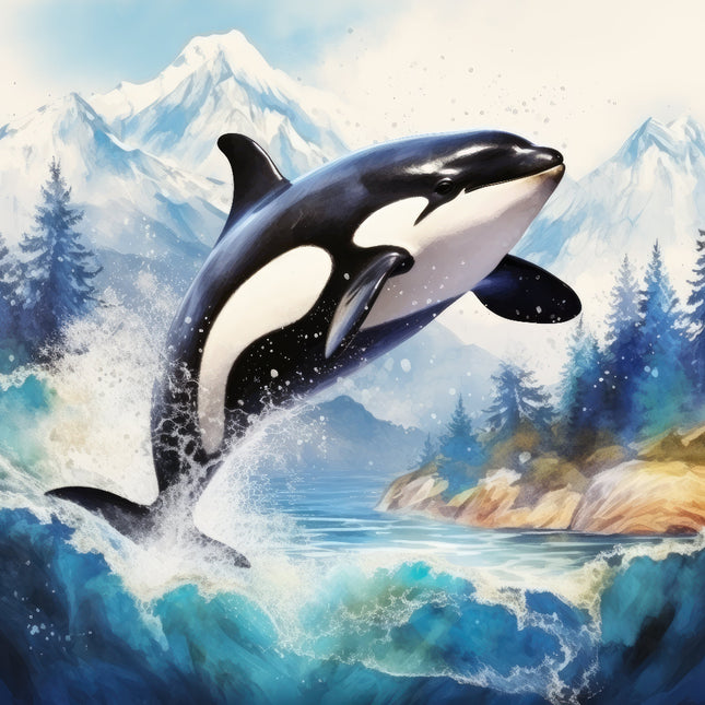 A digitally printed 100% cotton fabric panel featuring a jumping orca whale with a mountainous landscape in the background.