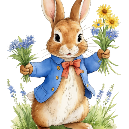 Illustration of a rabbit wearing a blue jacket, holding a bouquet of flowers fabric panel