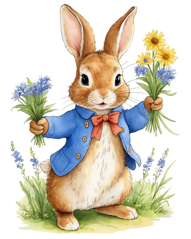 Illustration of a rabbit wearing a blue jacket, holding a bouquet of flowers fabric panel