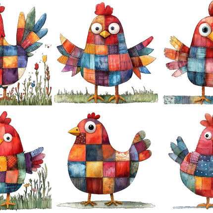 6 Piece 3"x3" Patchwork Chickens 100% Cotton Fabric Panel Squares Quilting Blocks