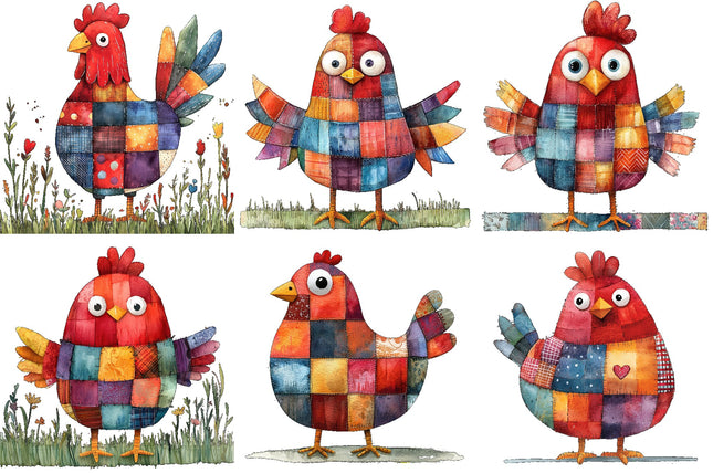 6 Piece 4"x4" Patchwork Chickens 100% Cotton Fabric Panel Squares Quilting Blocks
