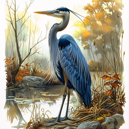 A fabric panel featuring a digitally printed blue heron bird in a wetland setting with trees and foliage.