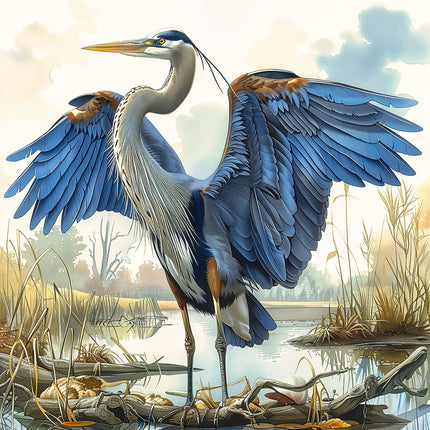 A fabric panel featuring a digitally printed blue heron bird with wings spread, standing in a marshy environment.