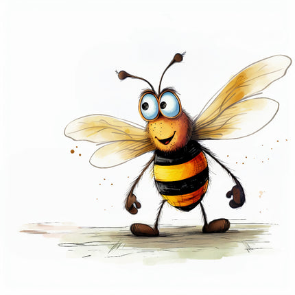A digitally printed 100% cotton fabric panel featuring a whimsical cartoon bee design with yellow and black colors and large blue eyes.