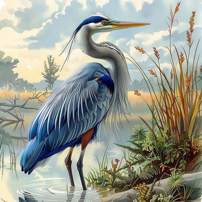 A digitally printed fabric panel featuring a blue heron bird standing in a wetland with grasses and a blue sky in the background.