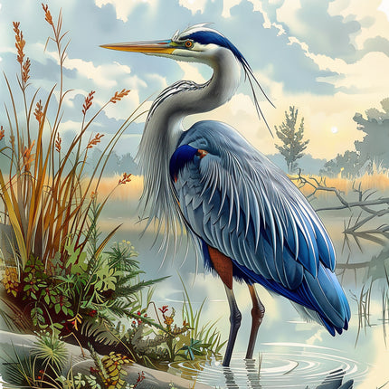 Blue heron standing in water with grass and trees quilt panel