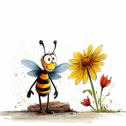 A digitally printed 100% cotton fabric panel featuring a cartoon bee standing next to a flower.