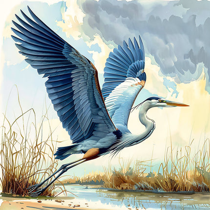 A digitally printed fabric panel featuring a blue heron bird in flight over a wetland scene with grasses and water.