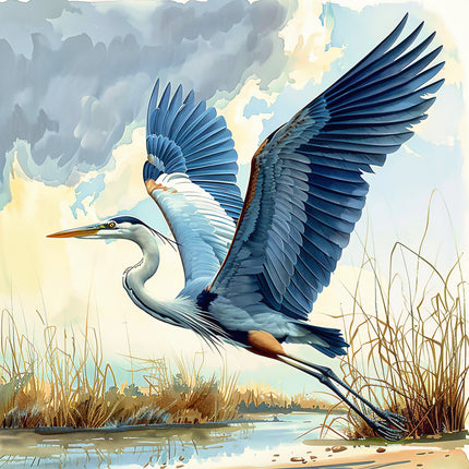 Blue heron in flight quilt panel