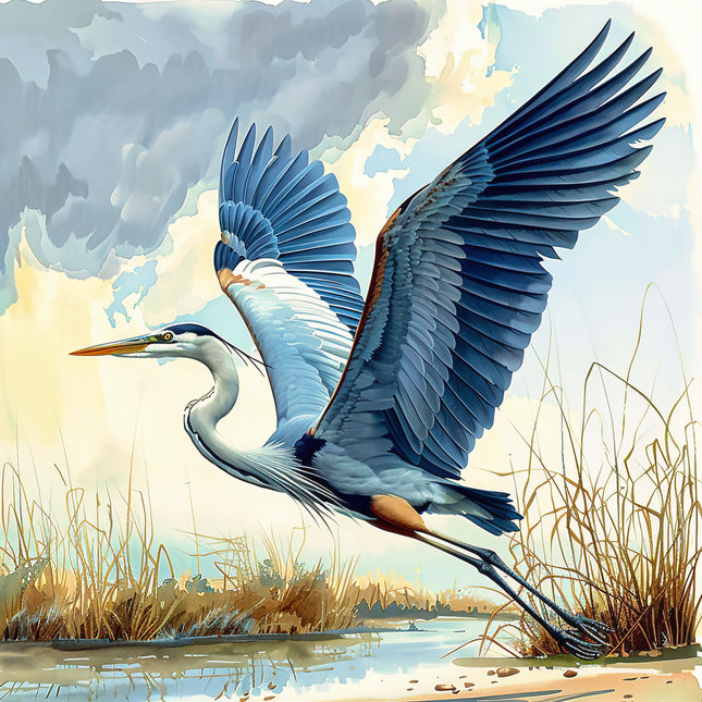 Blue heron in flight quilt panel