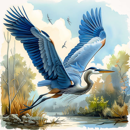 A digitally printed fabric panel featuring a blue heron bird in flight over a wetland scene with trees and water.