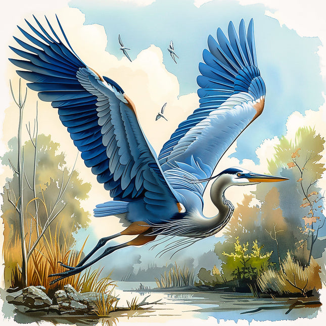 A digitally printed fabric panel featuring a blue heron bird in flight over a wetland scene with trees and water.