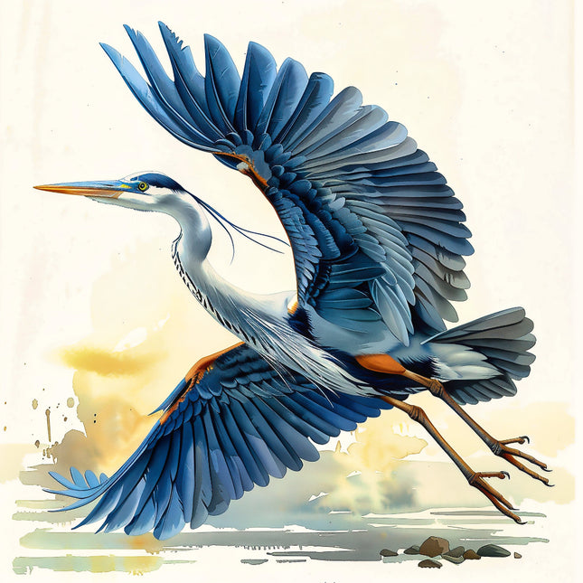 A digitally printed fabric panel featuring a blue heron in flight with wings extended.