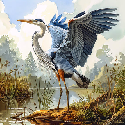A fabric panel featuring a digitally printed blue heron bird in flight over a body of water with trees in the background.