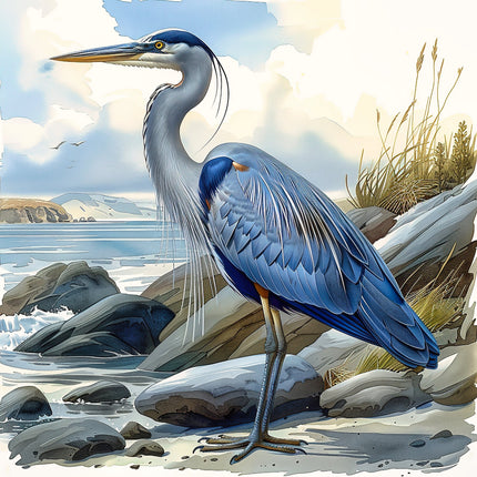 A digitally printed fabric panel featuring a blue heron bird standing by a body of water with rocks and grass in the background.