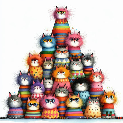 A colorful fabric panel featuring a block of cartoon cats in various patterns and colors.