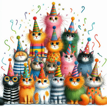 A colorful fabric panel featuring a group of illustrated cats wearing party hats.