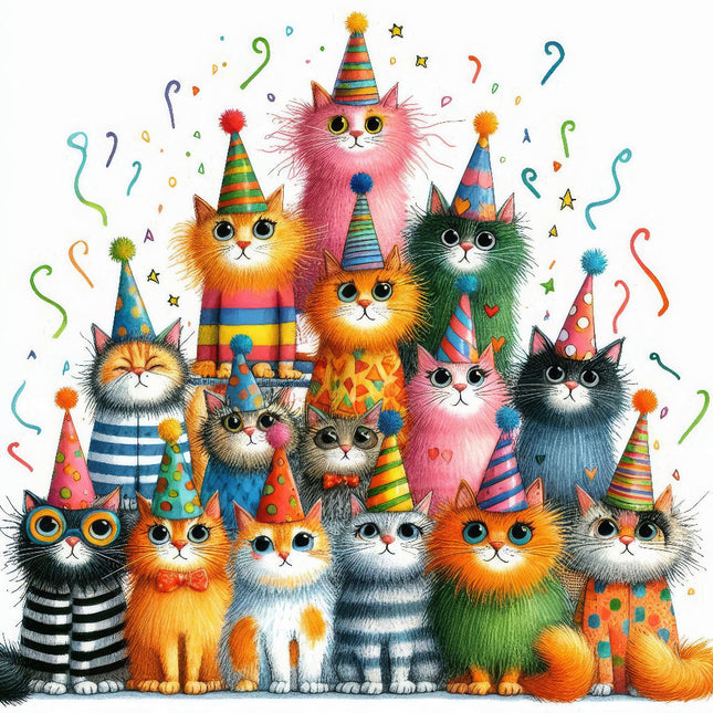 A colorful fabric panel featuring a group of illustrated cats wearing party hats.